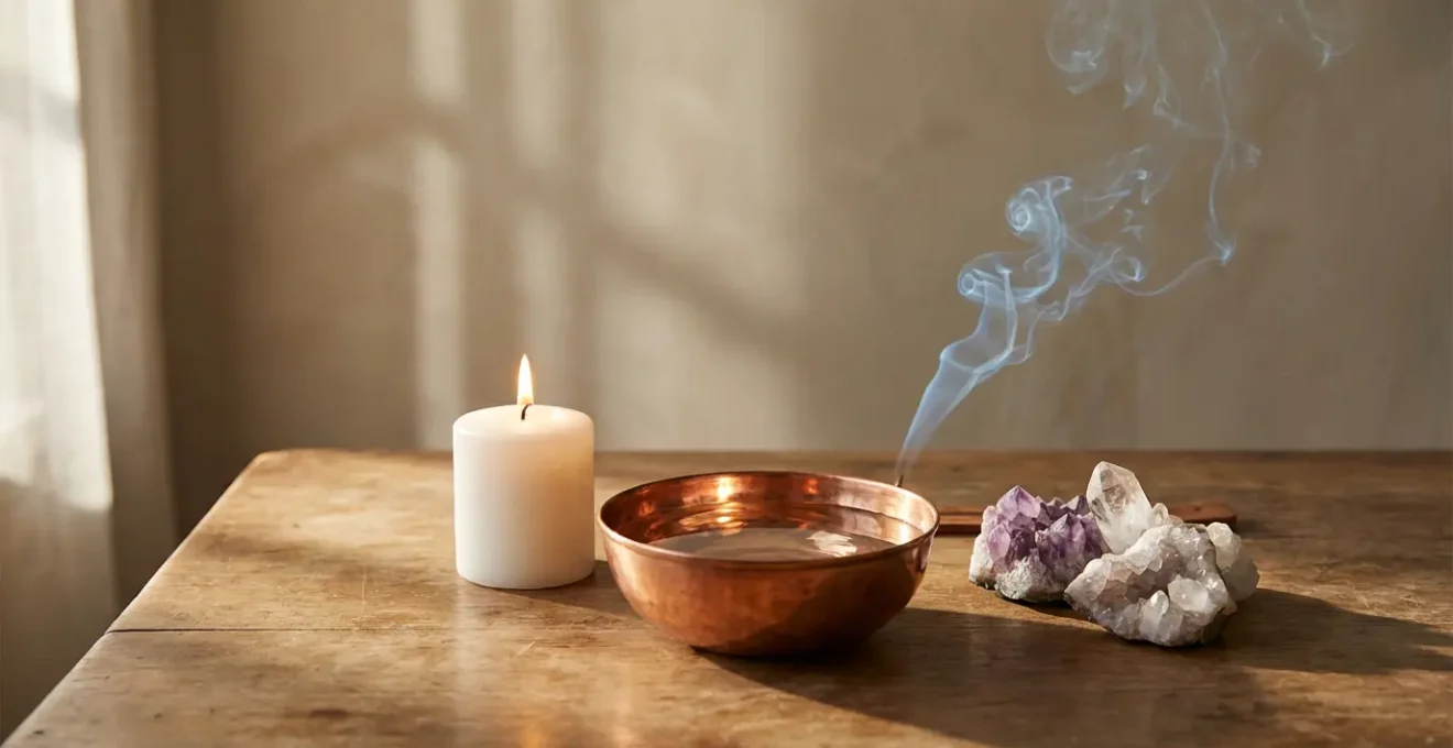 Altare personale minimalista con candela, coppa d'acqua e cristalli disposti armoniosamente