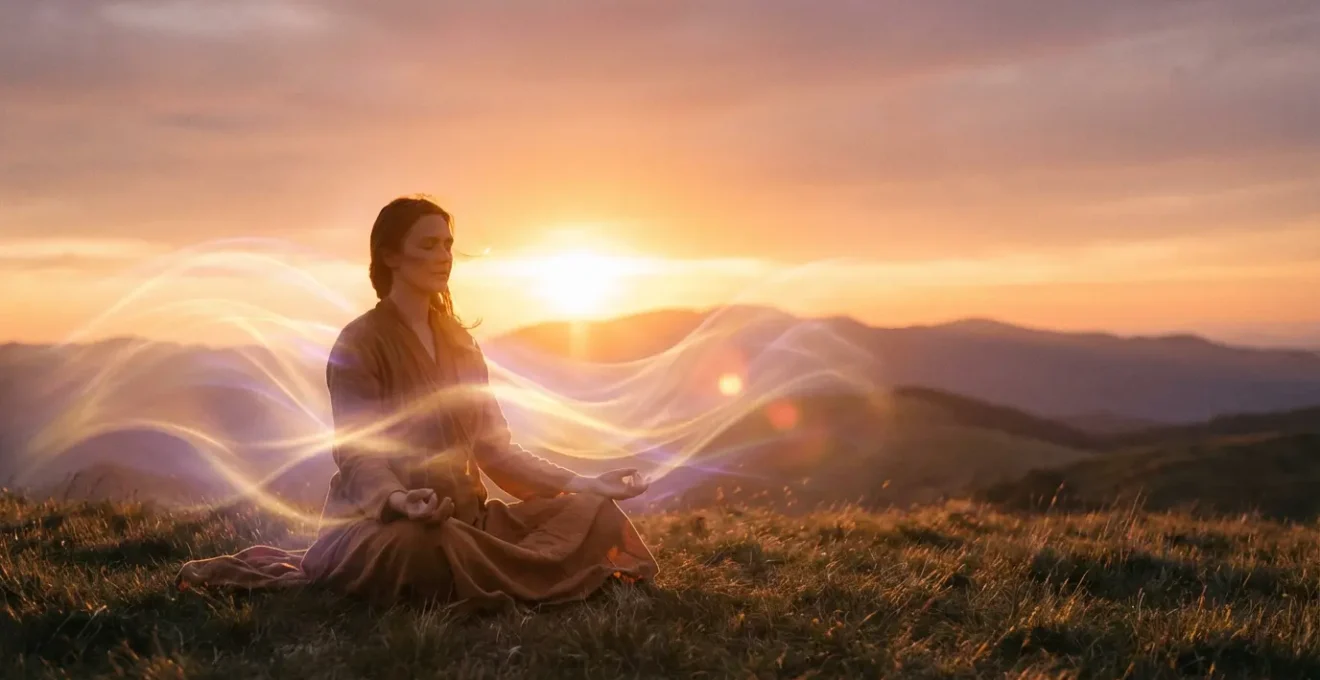 Persona in meditazione circata da energia luminosa al tramonto in natura
