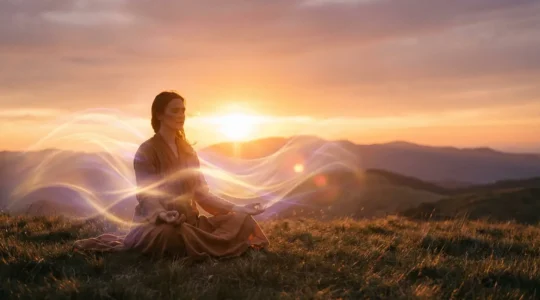 Persona in meditazione circata da energia luminosa al tramonto in natura