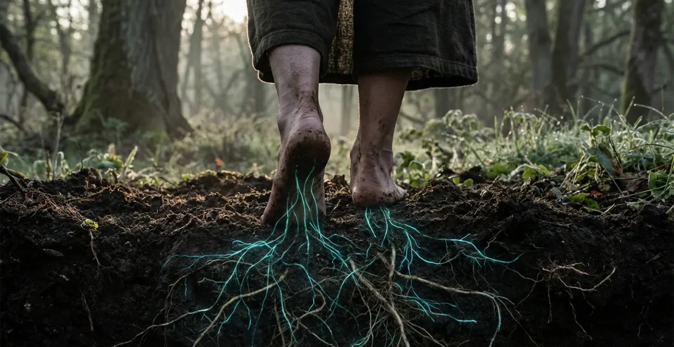 Persona in piedi a piedi nudi su terreno naturale con radici luminose che si estendono nel sottosuolo