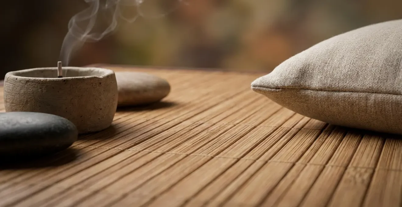 Angolo meditazione minimalista con cuscino e candela in appartamento moderno