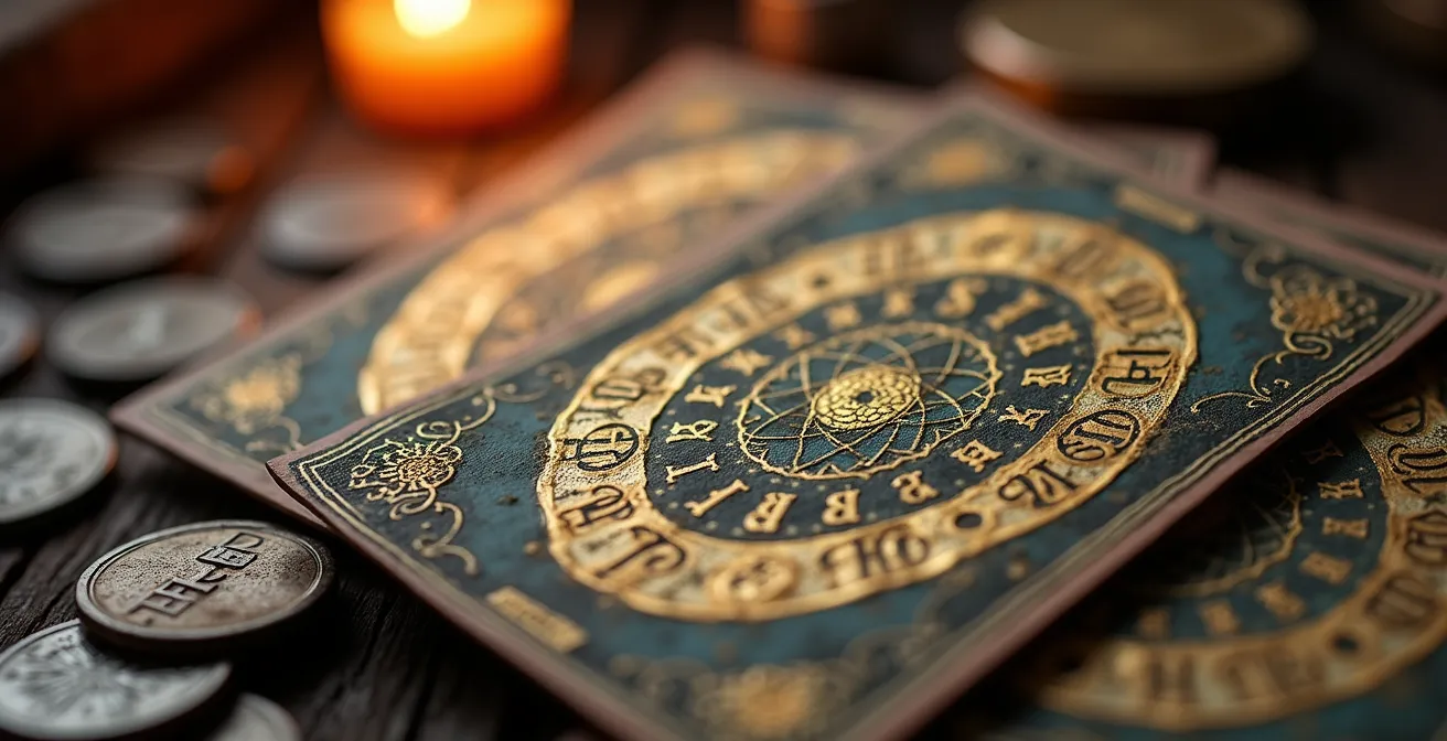 Dettaglio ravvicinato di antiche carte simboliche con archetipi universali in una composizione artistica