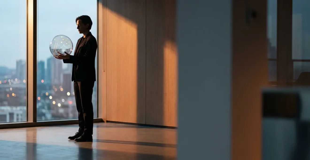 Persona che osserva costellazioni immaginarie connesse a simboli professionali in un ambiente moderno