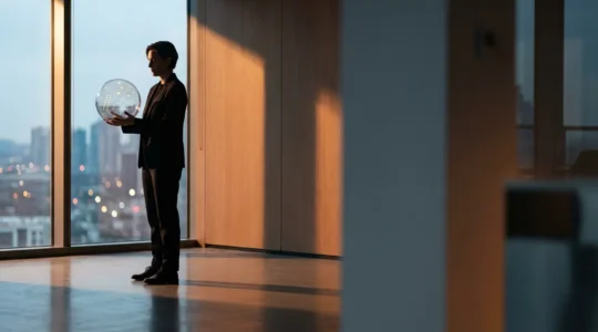 Persona che osserva costellazioni immaginarie connesse a simboli professionali in un ambiente moderno