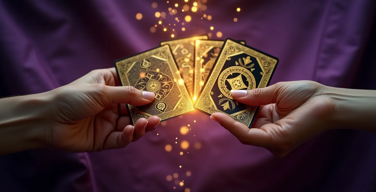 Mani che tengono carte tarocchi circondate da luce dorata simboleggiante energia spirituale