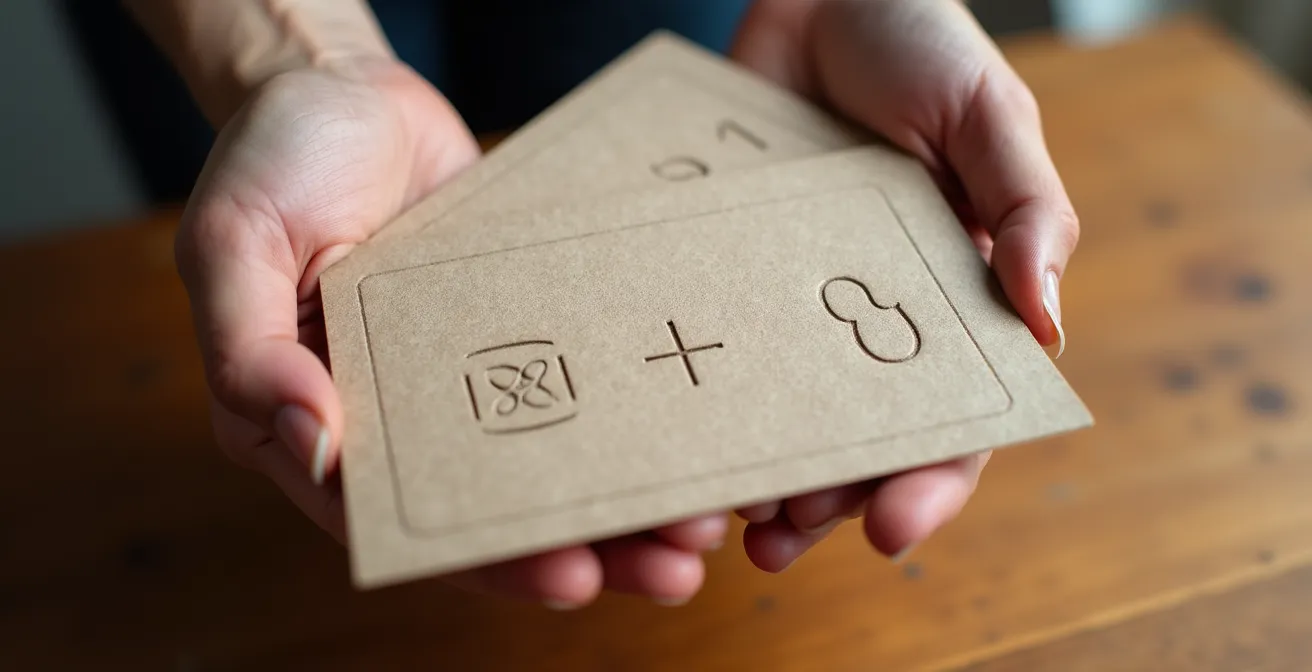 Mano che tiene carte Zener disposte a ventaglio con simboli geometrici visibili in primo piano