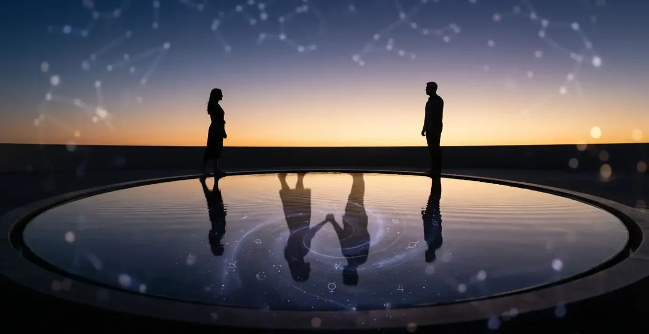 Coppia che si rispecchia nell'acqua con riflessi astrali e simboli zodiacali