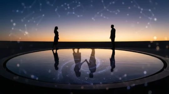 Coppia che si rispecchia nell'acqua con riflessi astrali e simboli zodiacali