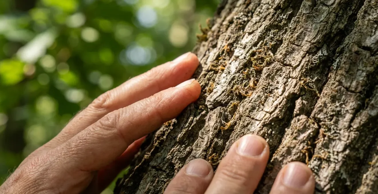 Mani che toccano la corteccia di una quercia antica con luce filtrata tra le foglie