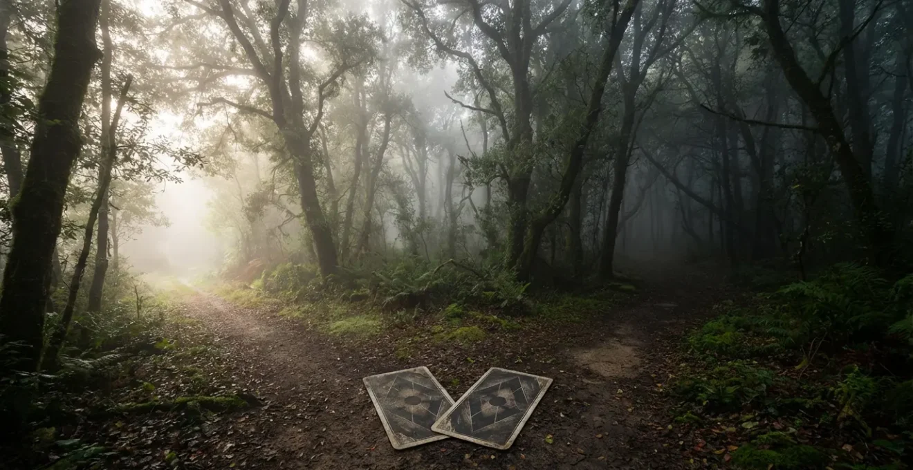 Due percorsi divergenti simboleggiati da carte tarocchi in penombra