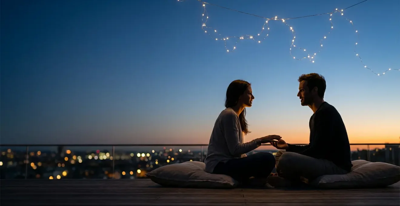 Coppia che condivide un momento di profonda connessione sotto un cielo stellato, simboleggiando l'armonia astrologica