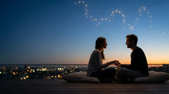 Coppia che condivide un momento di profonda connessione sotto un cielo stellato, simboleggiando l'armonia astrologica