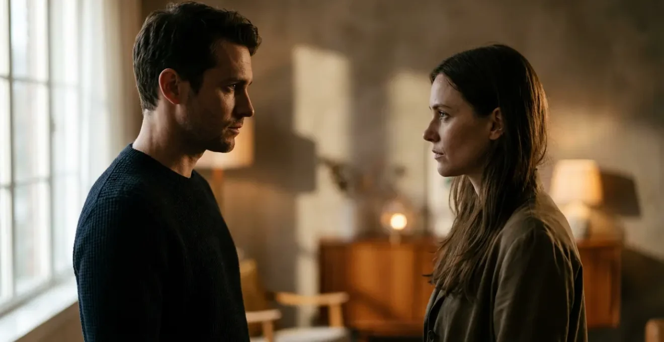 Due persone di profilo che si guardano intensamente con simboli zodiacali fluttuanti tra loro