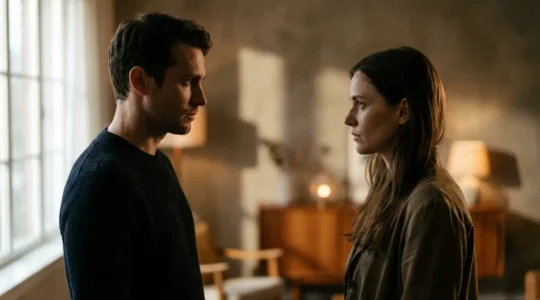 Due persone di profilo che si guardano intensamente con simboli zodiacali fluttuanti tra loro