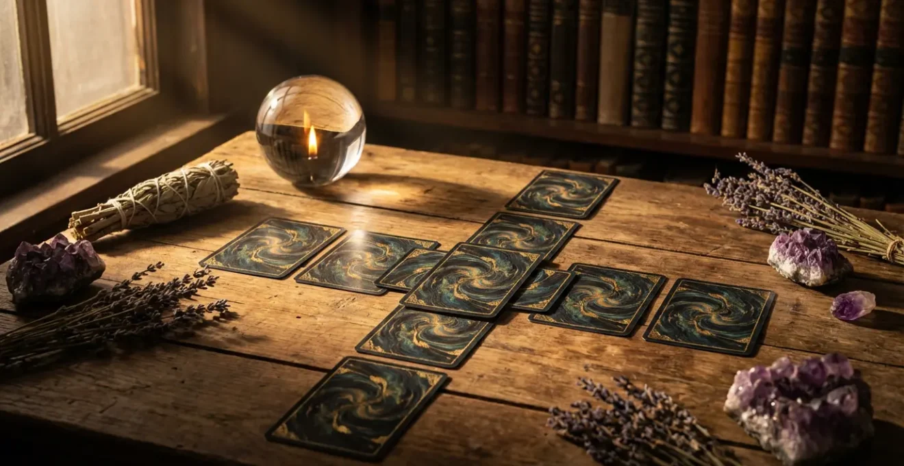 Disposizione della Croce Celtica con dieci carte tarocchi su tavolo in legno antico