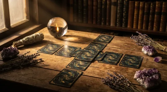 Disposizione della Croce Celtica con dieci carte tarocchi su tavolo in legno antico