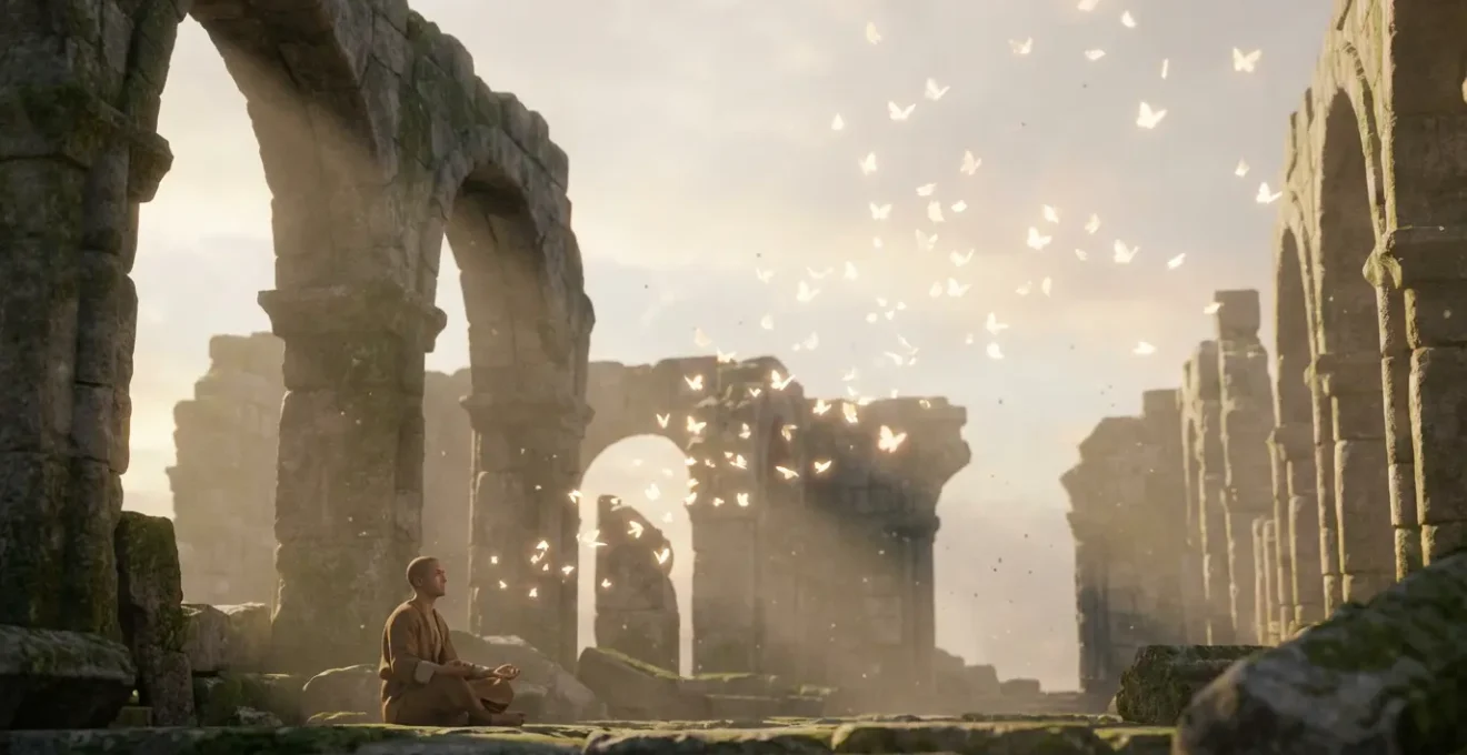 Figura solitaria seduta tra le rovine di una struttura architettonica antica che si dissolve in frammenti luminosi che salgono verso il cielo