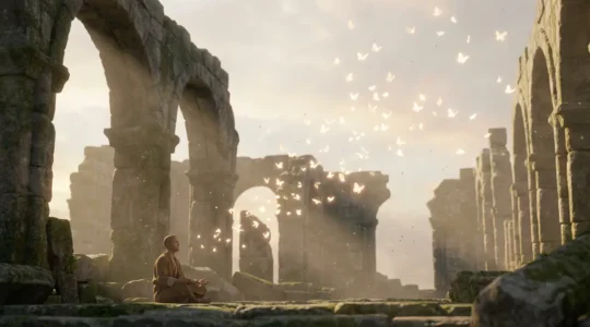 Figura solitaria seduta tra le rovine di una struttura architettonica antica che si dissolve in frammenti luminosi che salgono verso il cielo