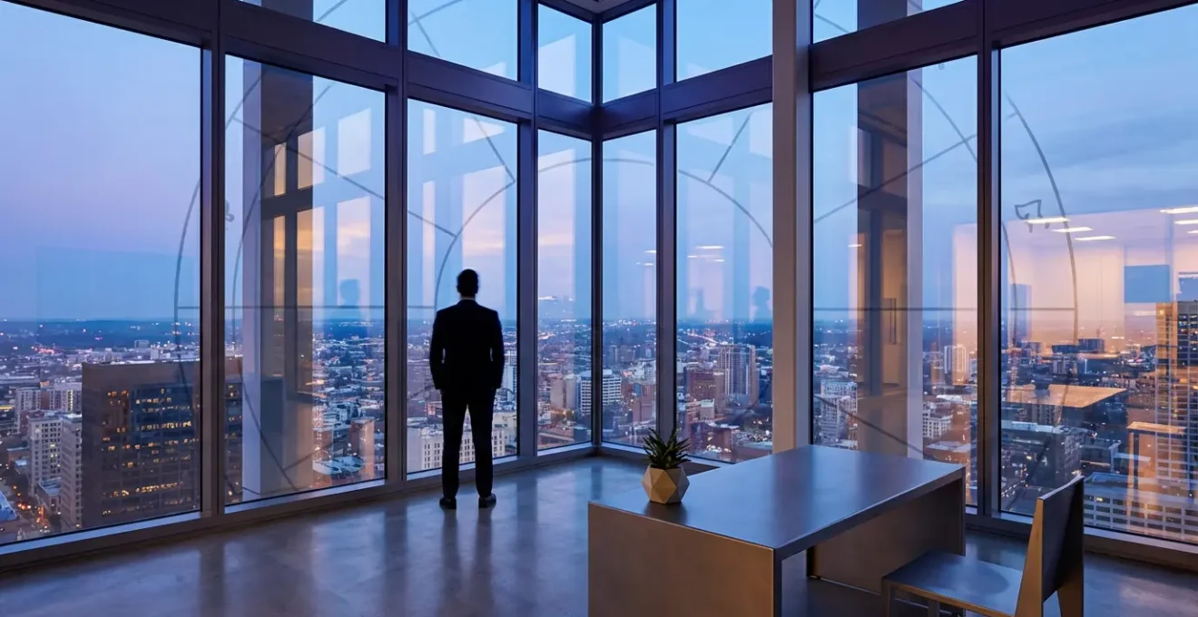 Professionista in ufficio moderno con riflessi di costellazioni astratte sulla finestra