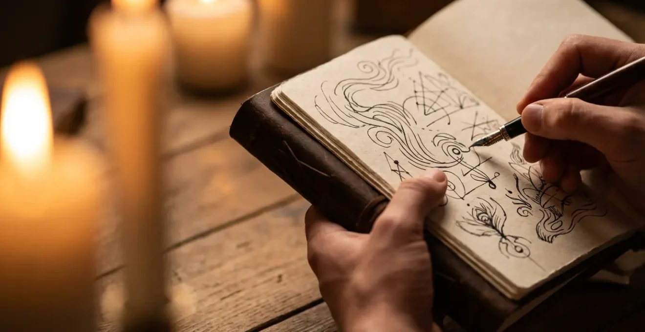 Quaderno aperto con schizzi di diagrammi e annotazioni simboliche illuminate da una candela, a rappresentare la pratica spirituale.