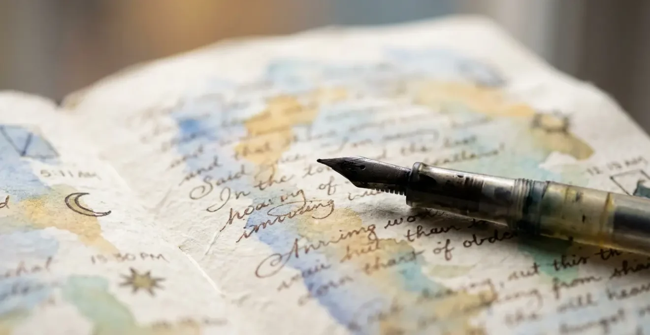 Diario aperto con annotazioni temporali e simboli di tarocchi disegnati a mano