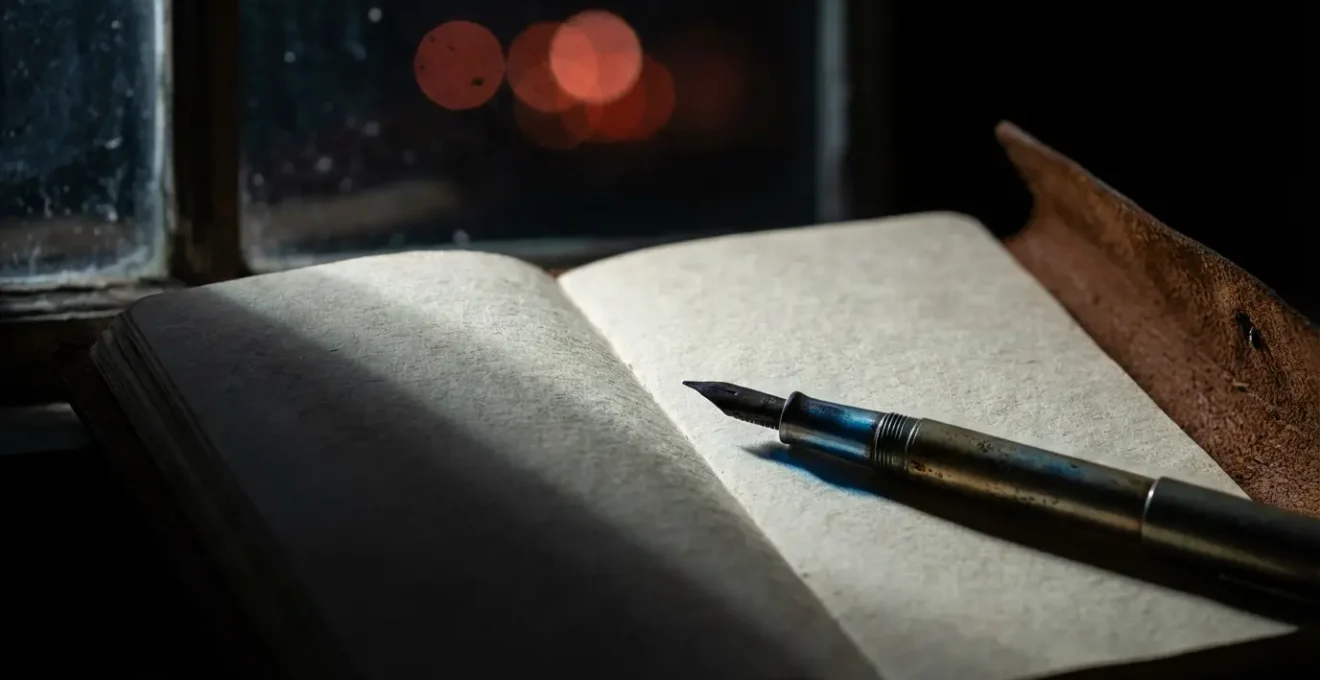 Un diario aperto con una penna accanto durante un'eclissi lunare notturna