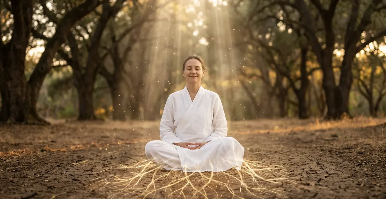 Figura umana seduta con radici energetiche che scendono nella terra e luce dorata dal cielo