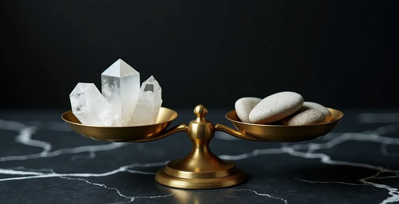 Bilancia antica in equilibrio con cristalli e carte simboliche sfocate