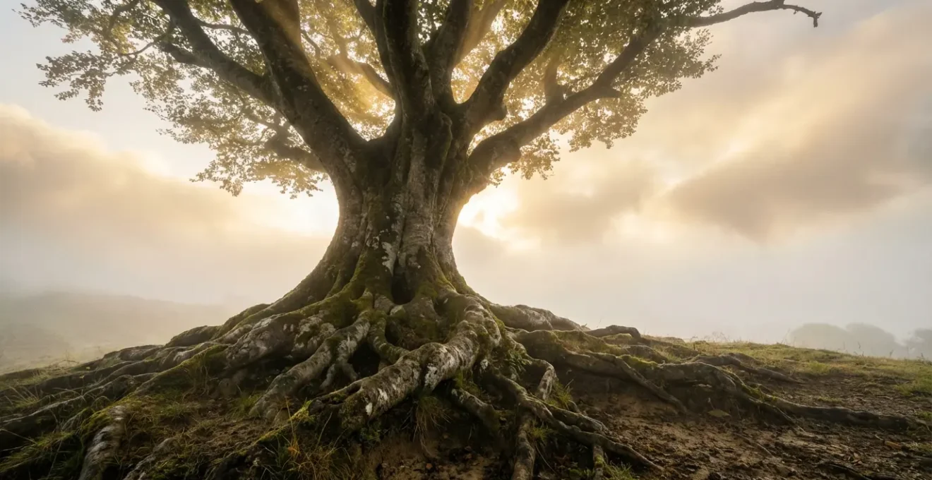 Albero con radici profonde e chioma che tocca il cielo