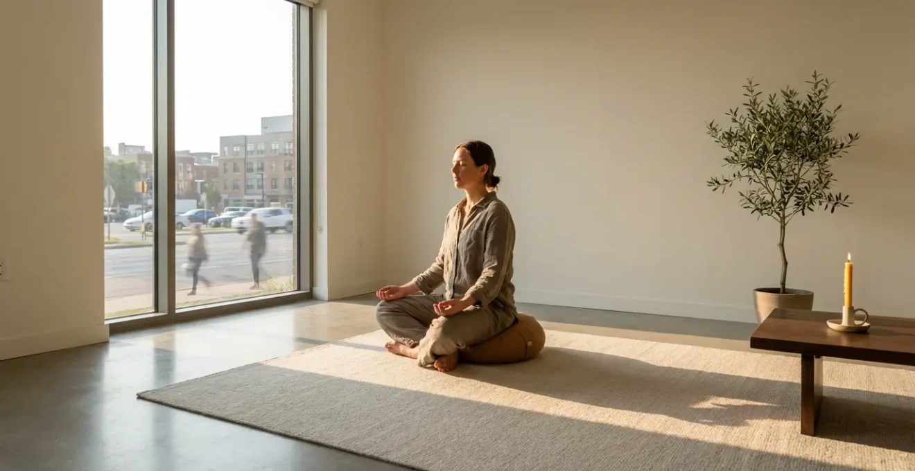 Una persona che medita in un ambiente domestico moderno con elementi naturali