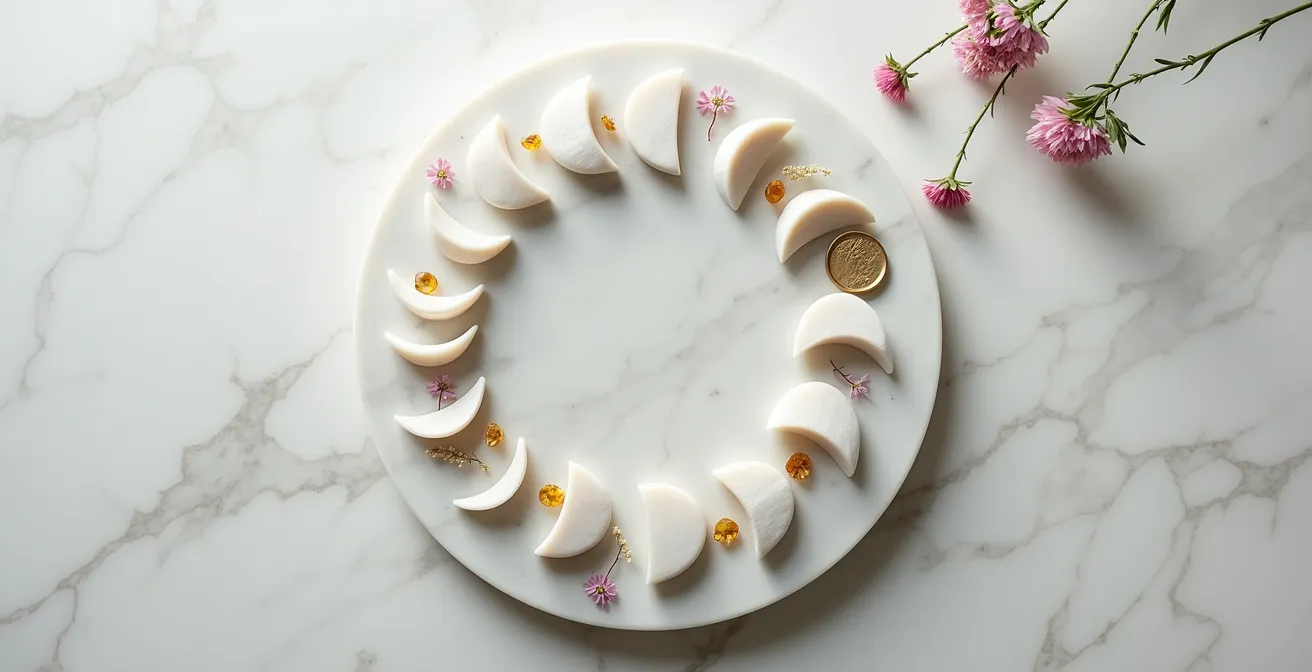 Vista dall'alto di un calendario circolare con fasi lunari e oggetti simbolici di progetti