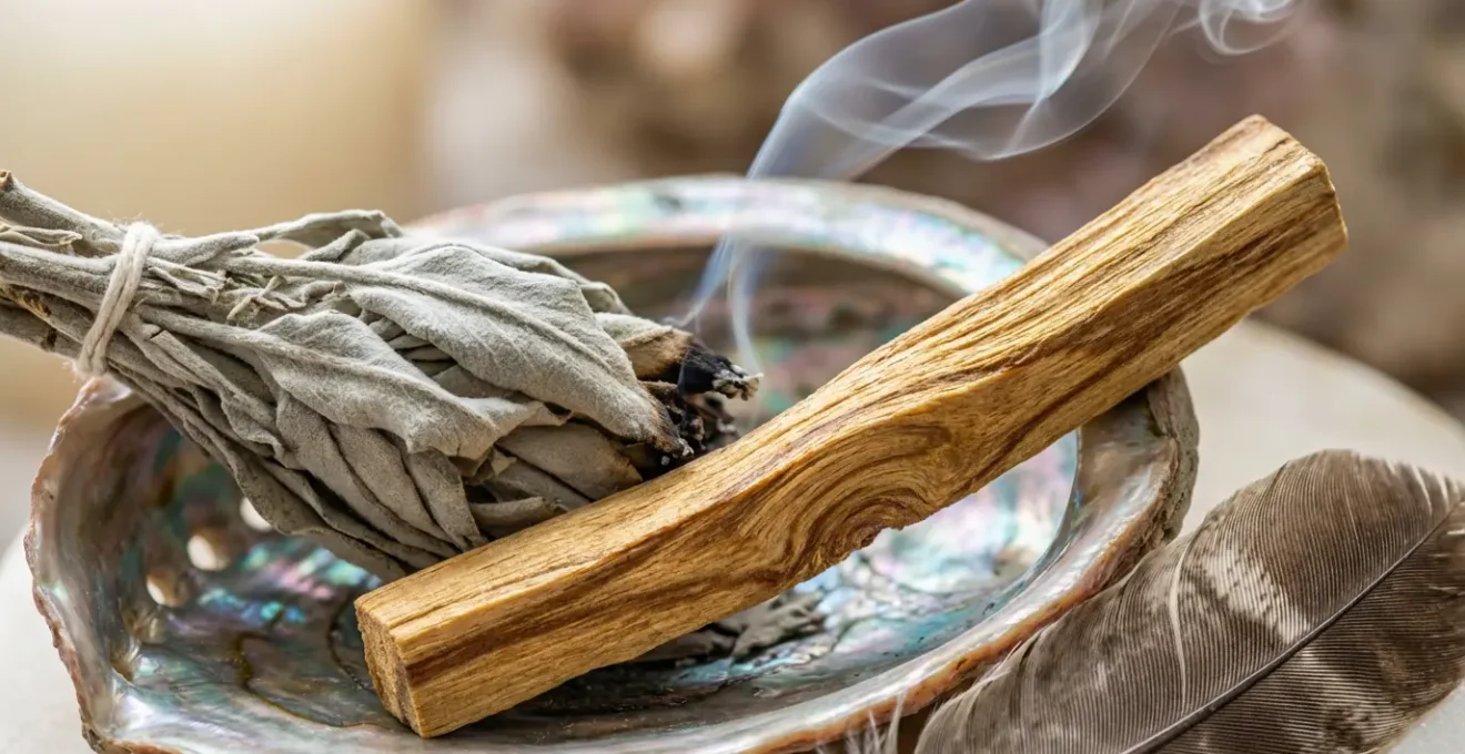 Rituale di fumigazione con salvia e palo santo rispettando la tradizione indigena