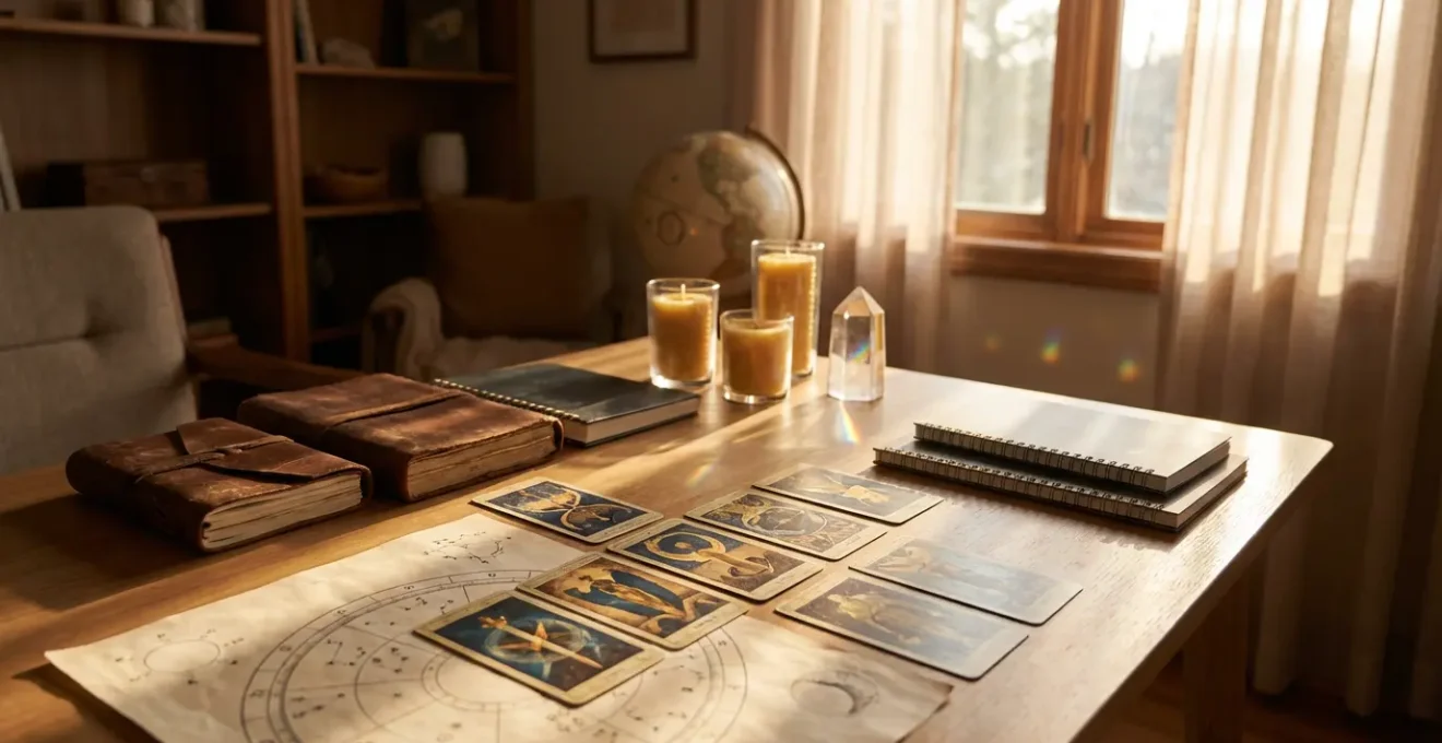 Lettore di tarocchi che studia attentamente carte e mappa astrologica simultaneamente