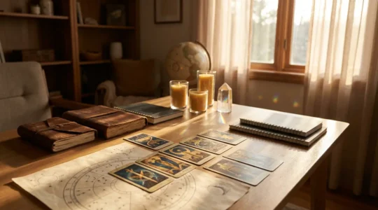 Lettore di tarocchi che studia attentamente carte e mappa astrologica simultaneamente