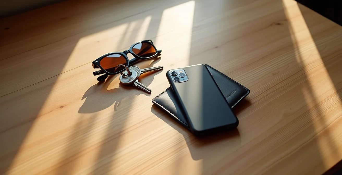 Vista dall'alto di un tavolo con chiavi, telefono e piccoli oggetti quotidiani disposti in modo organizzato
