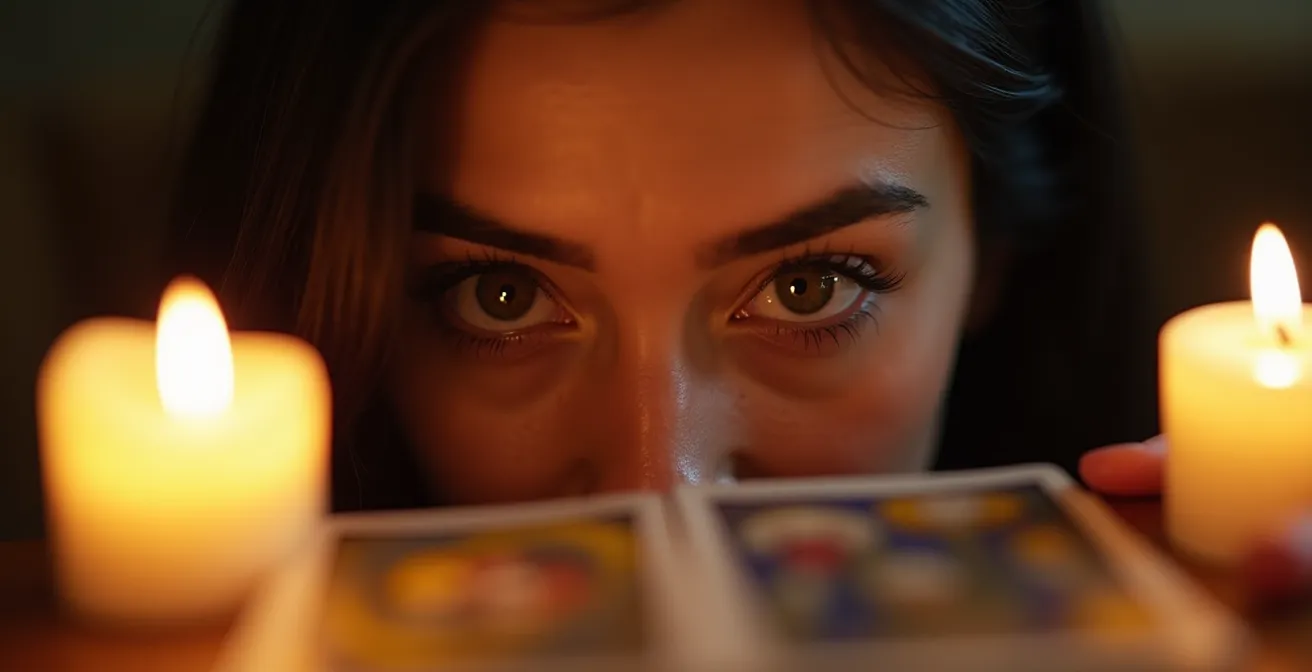 Primo piano di occhi che osservano carte di tarocchi sfocate con espressione contemplativa