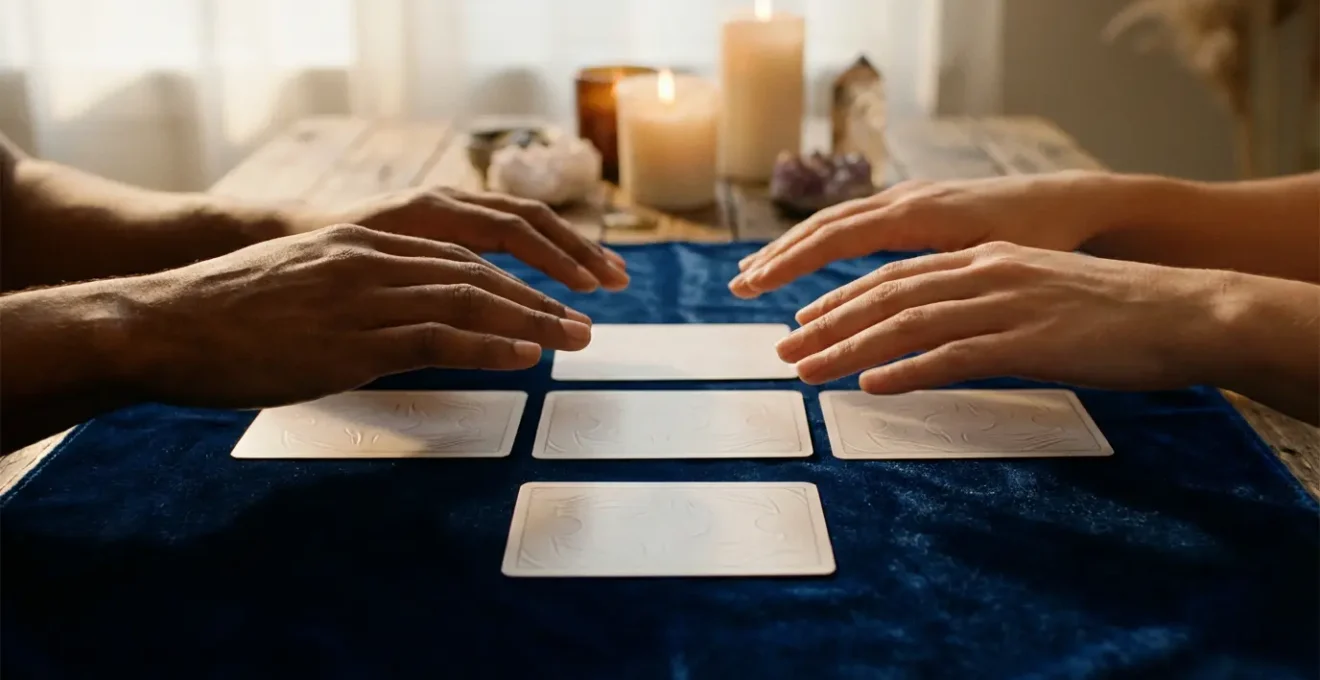 Lettura dei tarocchi per coppia con disposizione a croce di cinque carte in ambiente intimo