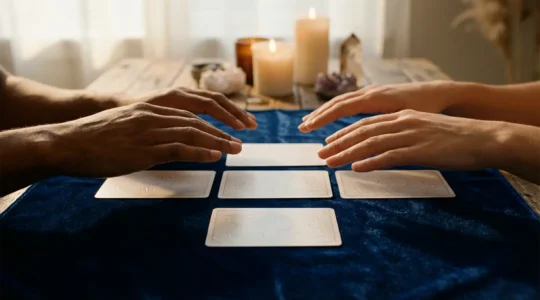 Lettura dei tarocchi per coppia con disposizione a croce di cinque carte in ambiente intimo