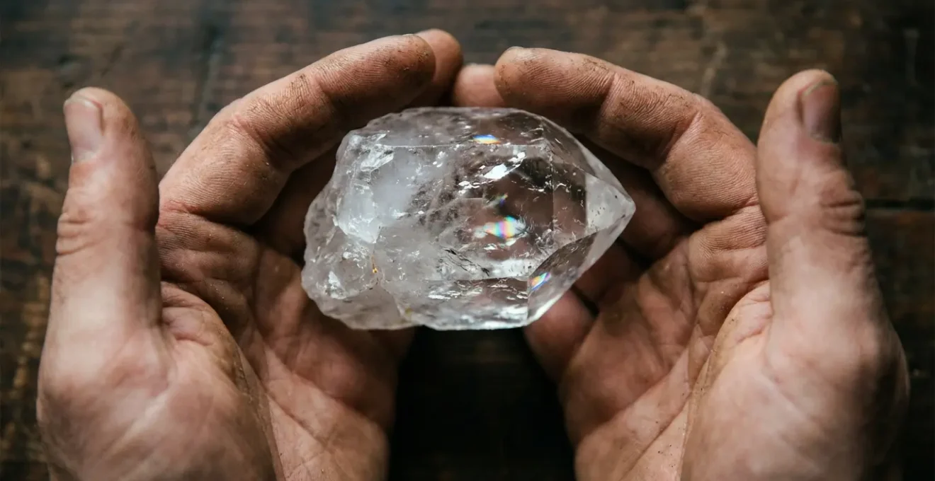 Mani che tengono delicatamente un cristallo sentendone l'energia