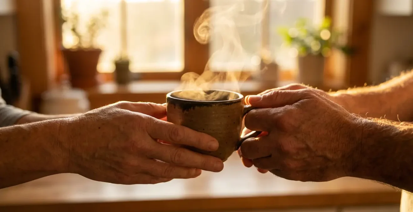 Mani che tengono tazza di caffè fumante alla luce dell'alba con vapore che sale