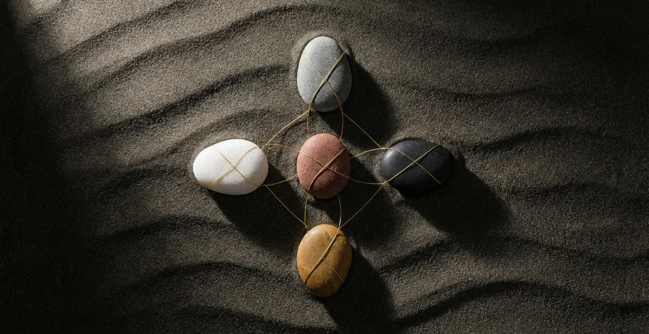 Rappresentazione visiva della mappatura energetica di una relazione attraverso cinque posizioni dei tarocchi