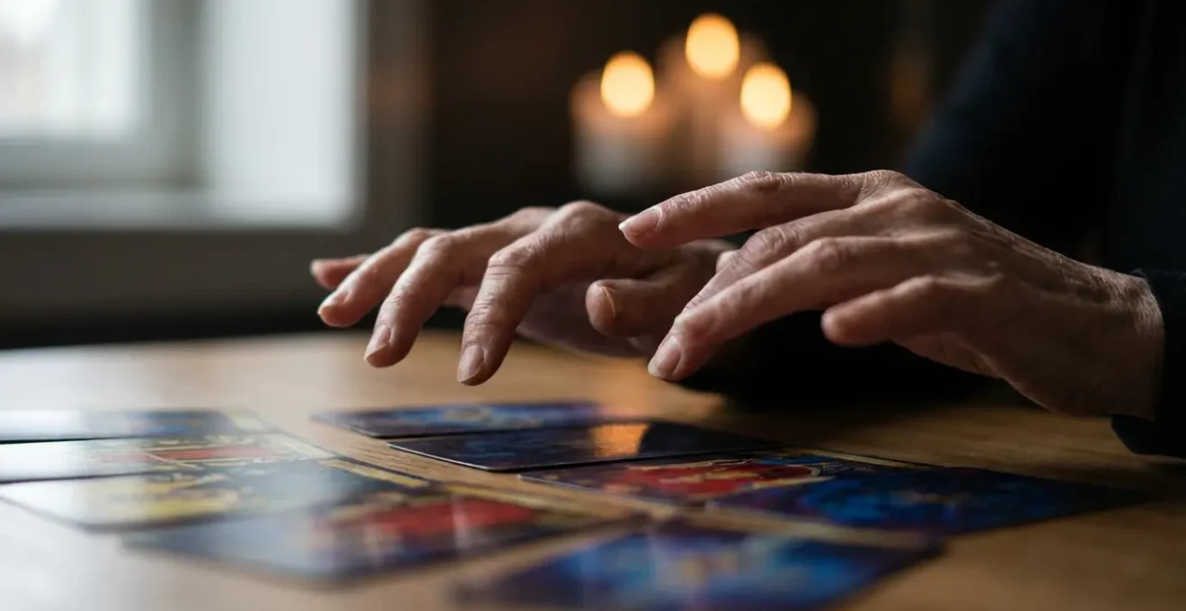 Mani che tracciano connessioni invisibili tra carte tarocchi disposte in cerchio