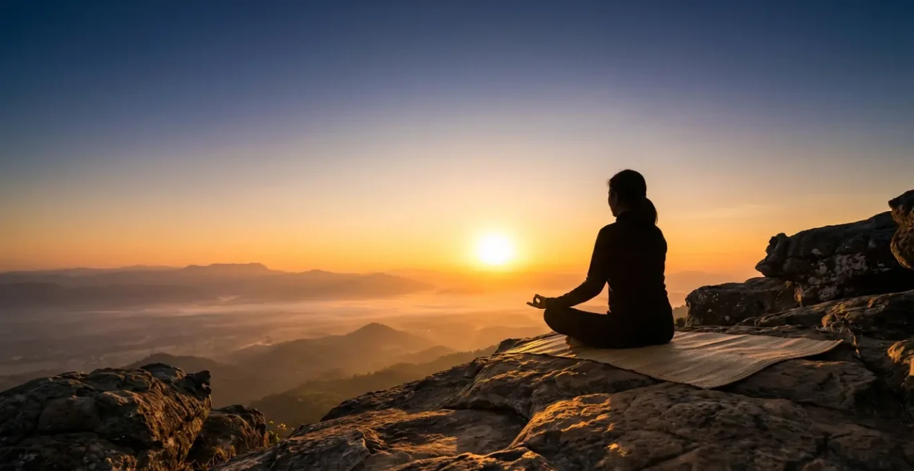 Persona in meditazione all'alba con luce naturale che illumina il volto