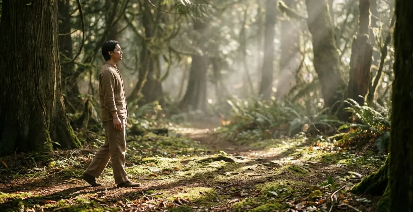 Persona in meditazione camminata in un bosco con raggi di luce tra gli alberi