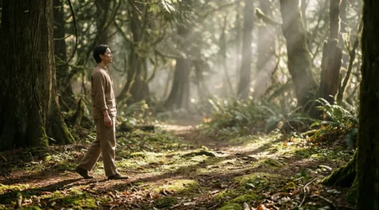 Persona in meditazione camminata in un bosco con raggi di luce tra gli alberi