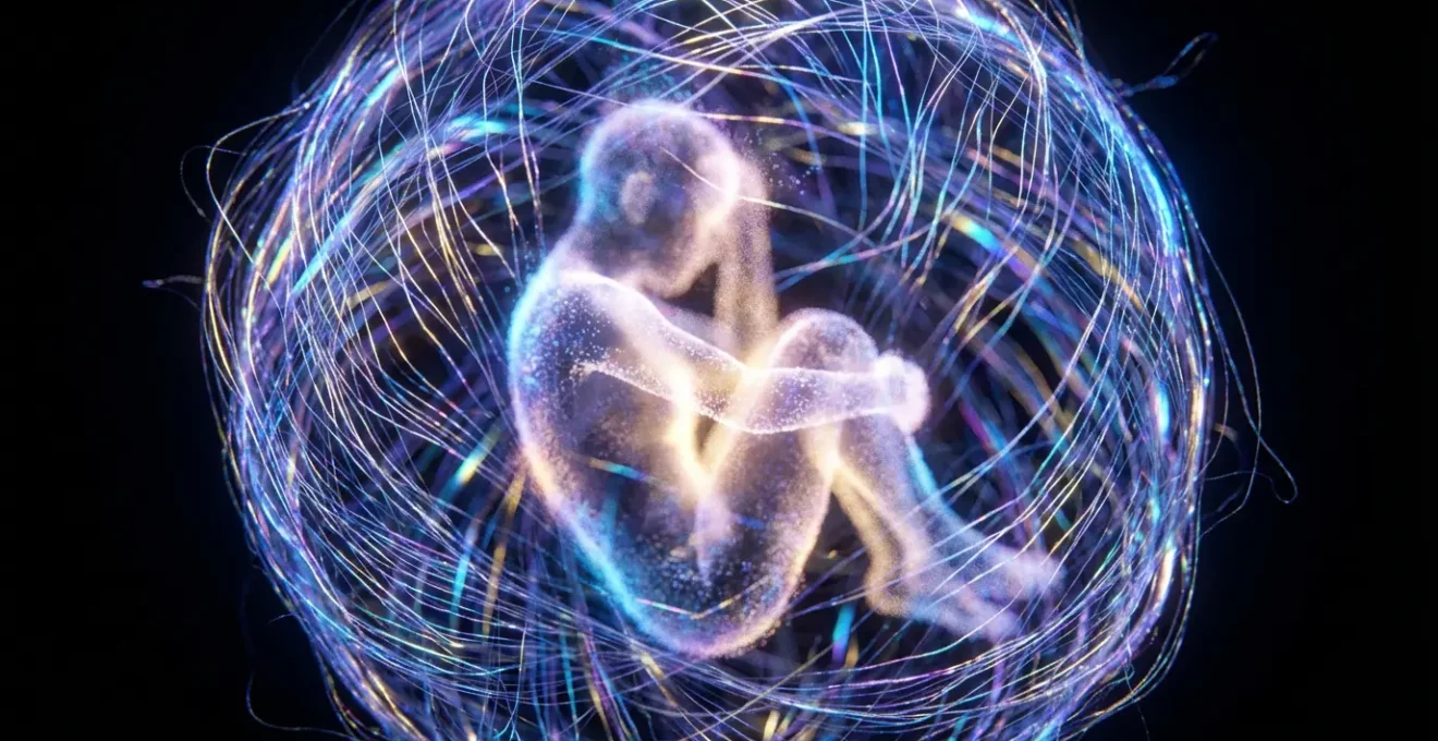 Figura umana semitrasparente in posizione fetale circondata da filamenti luminosi che formano un bozzolo di energia