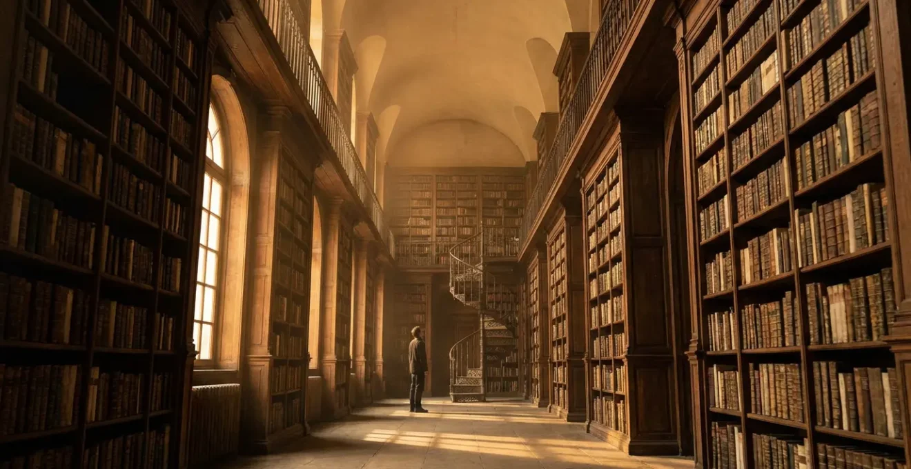 Persona in biblioteca antica circondata da scaffali infiniti di libri con scala a spirale e luce dorata che filtra
