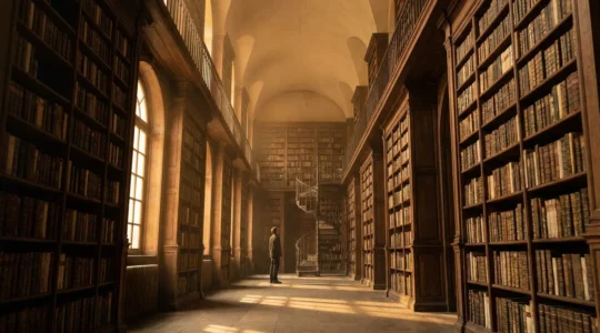 Persona in biblioteca antica circondata da scaffali infiniti di libri con scala a spirale e luce dorata che filtra