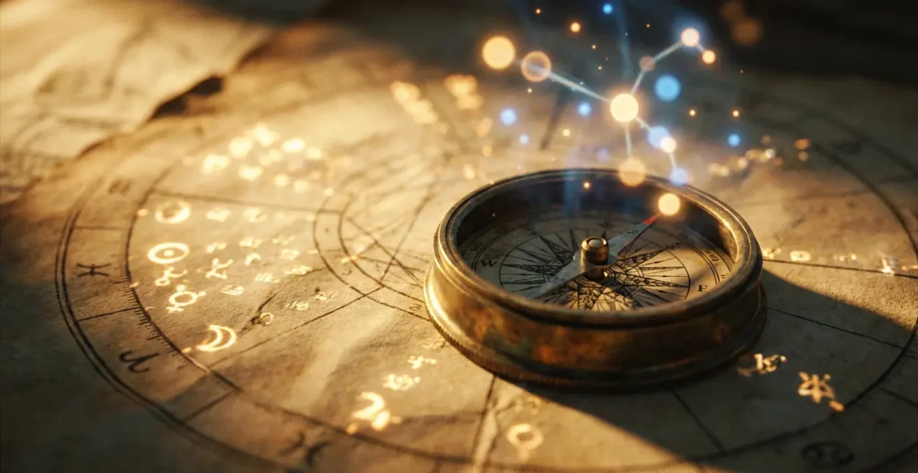 Una mappa astrologica con pianeti in movimento e un navigante che osserva le stelle
