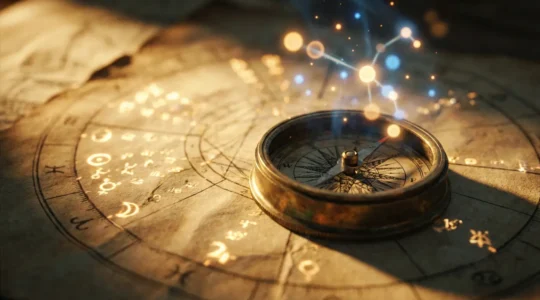 Una mappa astrologica con pianeti in movimento e un navigante che osserva le stelle